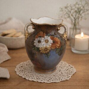 Noritake Hand Painted Floral Porcelain Vase Gold Trim Gilt Handles Japan Vintage